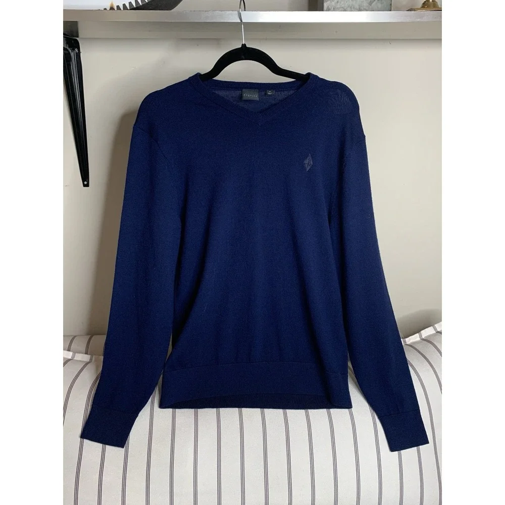 Dunning Golf Merino Wool Sweater Mens M‎ Blue V-Neck Pullover Logo Classic Fit